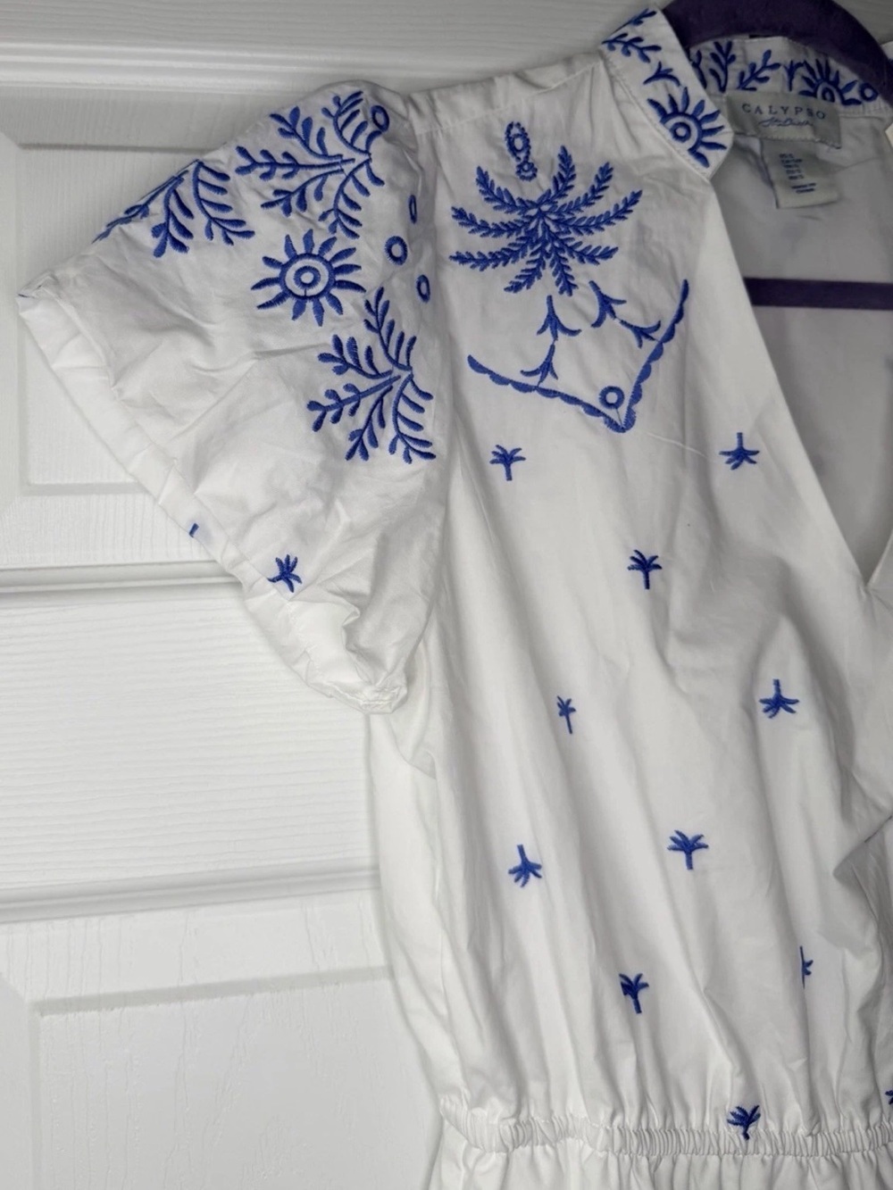CALYPSO ST BARTH BLUE AND WHITE EMBROIDERY V-NECK MAXI DRESS M NWT - Picture 12 of 15